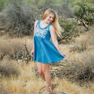 Lulus denim mini dress with white flower stitching